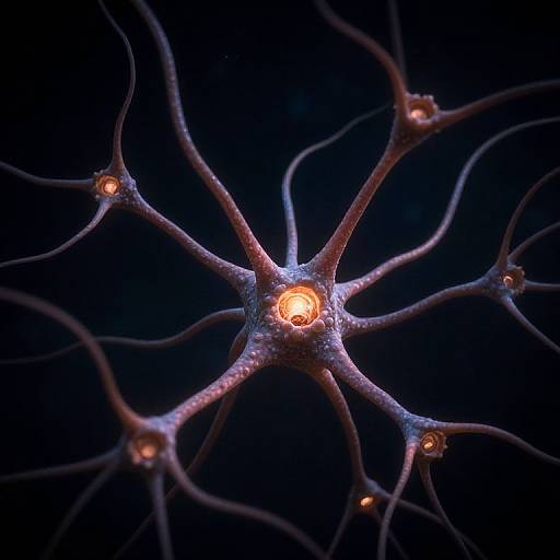 Digital artwork of a neural network structure with glowing orange centers on dark blue background, featuring branching, purple, textured filaments.