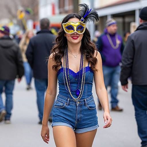 Photograph of a woman in a yellow masquerade mask, blue feathered headpiece, red lipstick, and blue denim romper with beaded