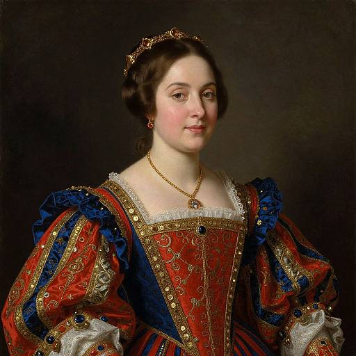 Portrait of a pale-skinned, young woman with dark hair, wearing an ornate red and blue Renaissance dress, gold necklace, and tiara.