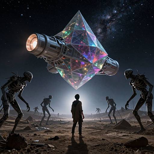 Sci-fi digital artwork: Silhouetted figure faces glowing, crystal pyramid with rainbow reflections, surrounded by crouching alien-like creatures under starry
