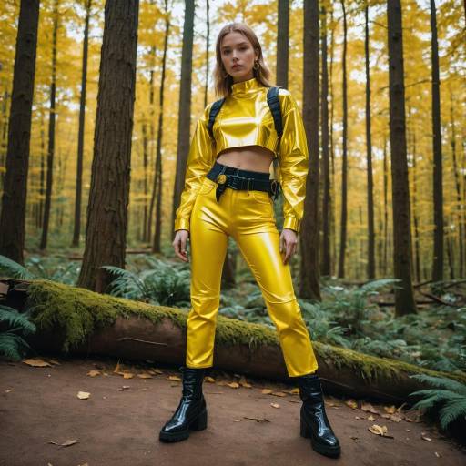 Woman in Metallic Yellow Y2K Outfit in Forest