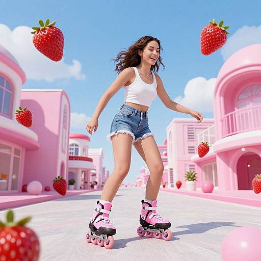 Digital art of a smiling woman rollerblading in a pink, strawberry-filled, sunny street with pastel buildings, wearing a white crop top and denim