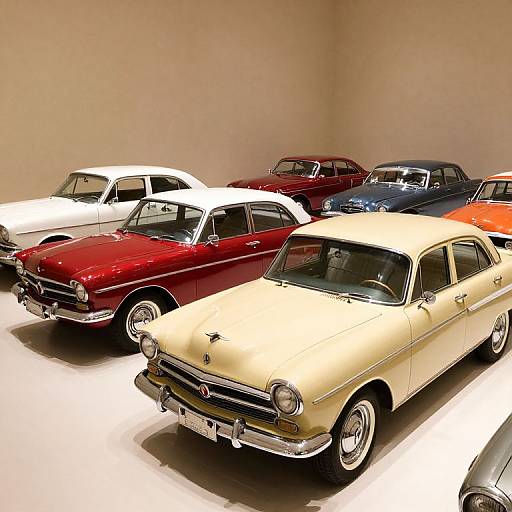 Photograph of classic cars: cream, red, white, and blue vintage sedans lined up in a brightly lit, beige-walled showroom.