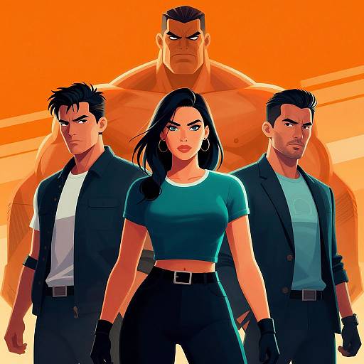 Digital comic-style illustration of four muscular characters: central woman with black hair, green crop top, and black pants, flanked by two men in jackets