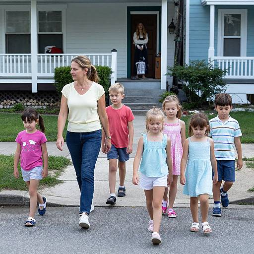 Photograph of a smiling woman in a yellow top and black pants walking with six children in colorful clothes on a suburban street in front of a white house