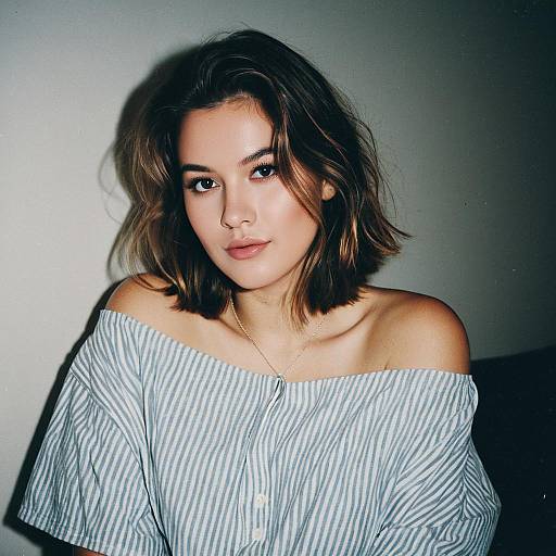 Photograph of a young woman with shoulder-length brown hair, wearing an off-shoulder, blue-striped shirt, looking directly at the camera against a