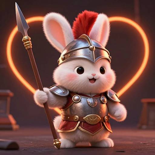 CGI image of an adorable, white-furred bunny in medieval armor with a red plume helmet, holding a spear, against a glowing heart-shaped