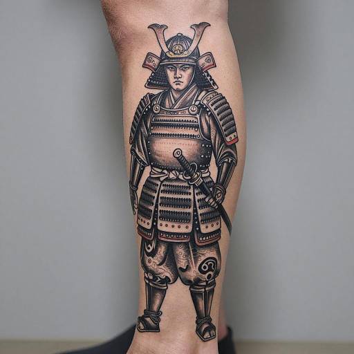 Monochromatic Samurai Tattoo on Leg