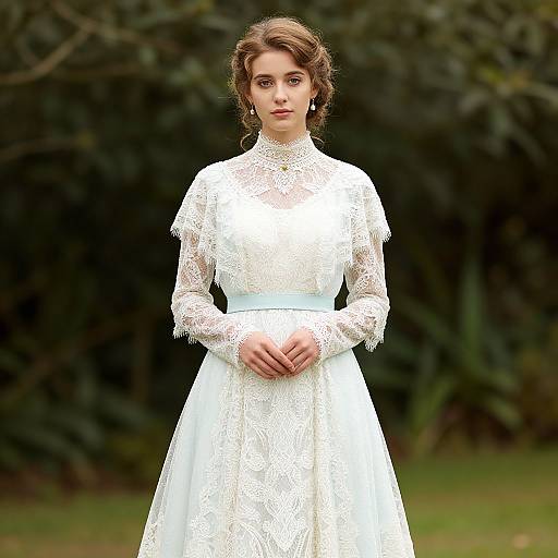 Photograph of a young woman with fair skin, brown wavy hair, wearing a white lace long-sleeve wedding dress, standing in a green