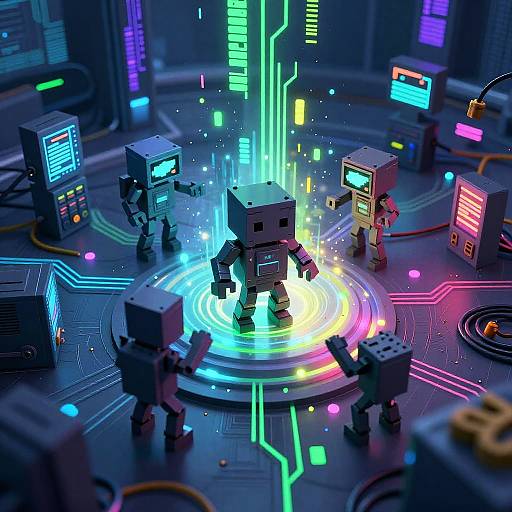 Digital art of glowing, neon-lit, blocky robots in a futuristic lab with colorful circuitry and holographic lights, centered around a radiant,