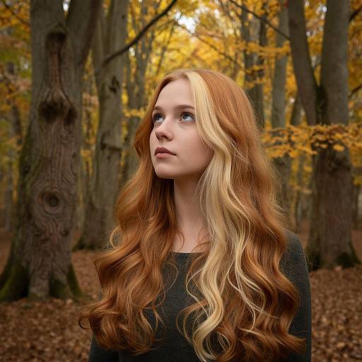 Photograph of a young woman with long, wavy auburn and blonde hair, wearing a black sweater, standing in an autumn forest with yellow