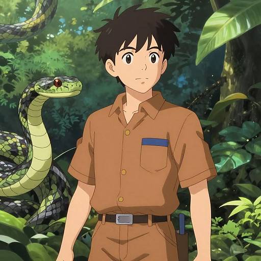 Anime-style illustration of a young boy with short black hair in a brown uniform, standing in a lush jungle with a green snake beside him.