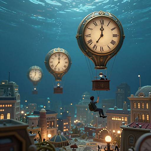 Photograph of a whimsical cityscape at dusk, featuring floating, steampunk-style clock balloons with a person swinging from one, surrounded by illuminated