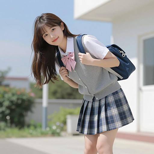 Smiling Japanese schoolgirl outdoors