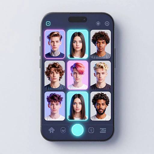 Photorealistic digital image of a smartphone displaying six headshots with diverse hairstyles and lighting effects in a grid layout.