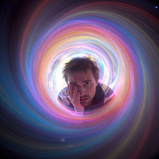 Photograph of a man with brown hair, wide-eyed, and hand on face, peeking through a colorful, swirling vortex of lights.