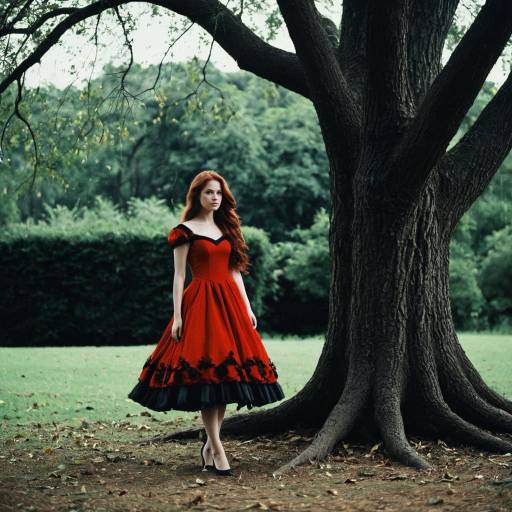 Woman in Red Black Princess Dress by Tree