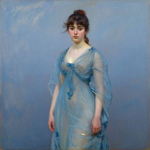 Portrait of a young woman with fair skin and dark brown hair in a loose bun, wearing a sheer blue dress with a bow, standing against a gradient