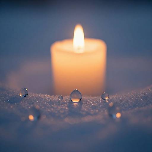 Photograph of a glowing candle with water droplets on a blue, textured surface, creating a warm, serene ambiance.