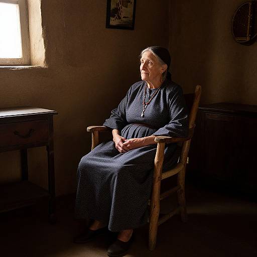 Photograph of an elderly woman with gray hair, wearing a blue patterned dress, sitting in a wooden chair, bathed in sunlight from a small