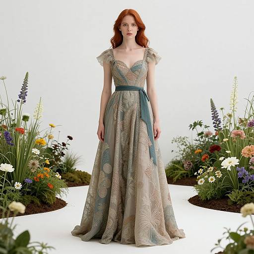 Photograph of a red-haired woman in an elegant, floral-patterned, floor-length gown with sheer sleeves, standing in a colorful garden.
