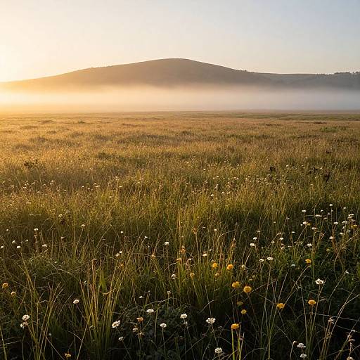 Photograph of a golden sunrise over a misty meadow with tall grass, small white and yellow wildflowers, and distant hills.