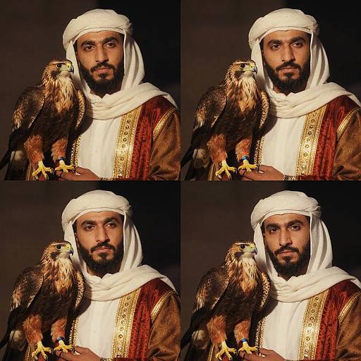 Photograph collage of a Middle Eastern man with a beard, white headscarf, and ornate brown robe, holding a large falcon with dark