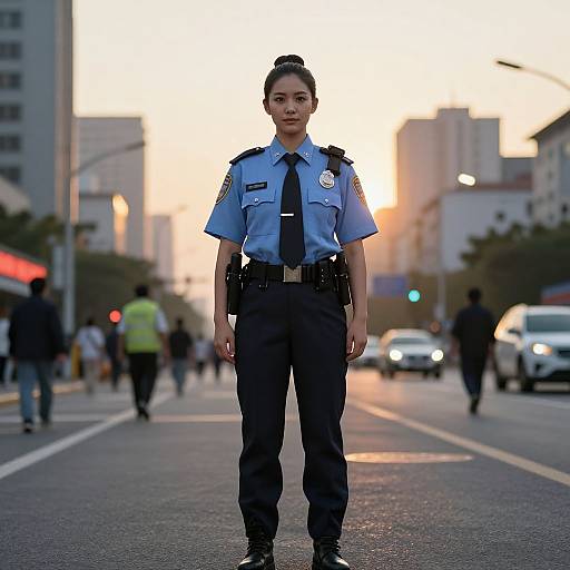 Photograph of an Asian female police officer in blue uniform and black pants, standing confidently on an urban street at sunset, with blurred city background and pedestrians