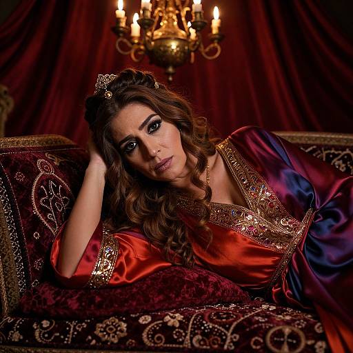 Photograph of a beautiful woman with wavy brown hair, wearing a red and gold embroidered royal gown, reclining on a luxurious, patterned velvet