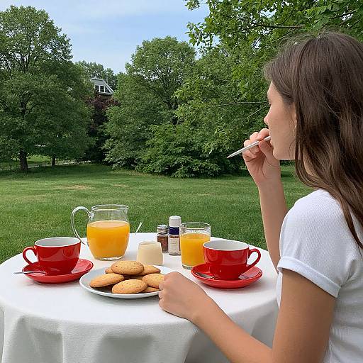 Photograph of a woman with long brown hair, wearing a white shirt, sipping orange juice at an outdoor table with red cups, orange juice,