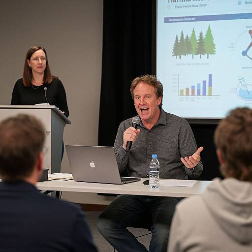 Photograph of a middle-aged man with short brown hair, black shirt, speaking animatedly with a microphone, seated at a table with a laptop and
