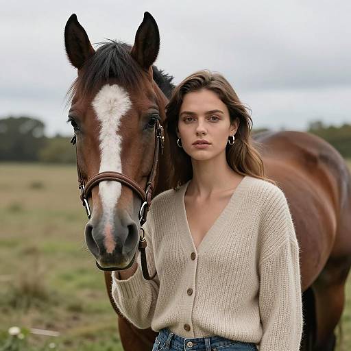 Young Woman with Brown Horse in Field