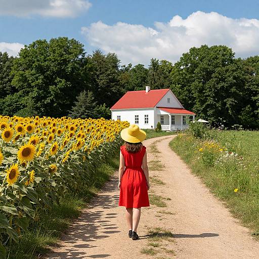 Photograph: Woman in red dress and yellow hat walks down sunflower-lined path to white house with red roof, surrounded by green trees under a blue