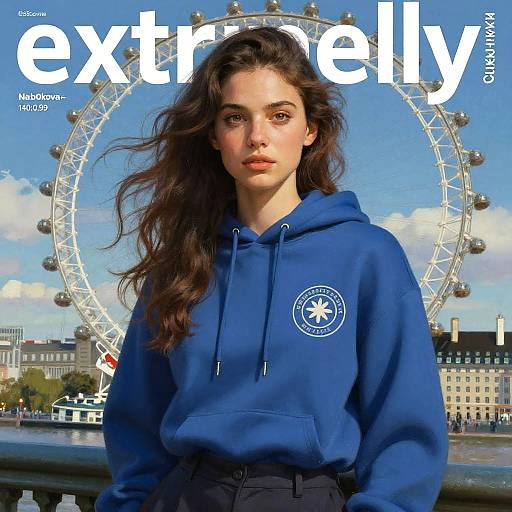 Photograph of a young woman with long brown hair, wearing a blue hoodie, standing in front of the London Eye, with 