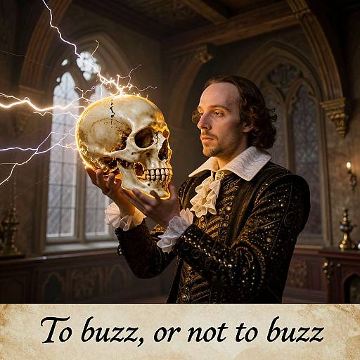 Photograph of a man in a dark, sparkly coat holding a glowing, electrically charged skull in a gothic, candlelit room. Text