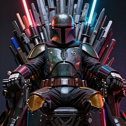 Digital artwork of Mandalorian-style character in black armor and helmet, seated on throne with glowing lightsaber blades behind. Dark, futuristic background.