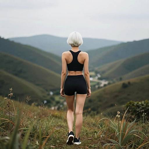 Photograph of a woman with short white hair, wearing a black sports bra and shorts, standing on a grassy hill, facing a mountainous valley