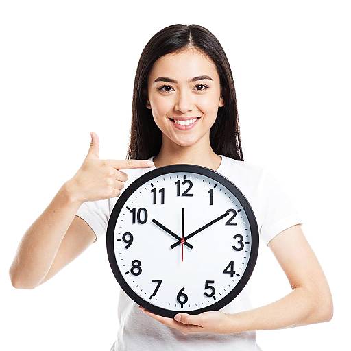 Smiling Asian woman with long black hair, giving thumbs up, holding a large clock at 11:10 against a white background. Photorealistic