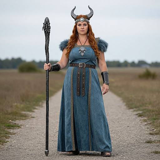 Photograph of a tall, red-haired woman in a blue Viking-style dress, horned helmet, and fur shoulder pieces, holding a black spear,