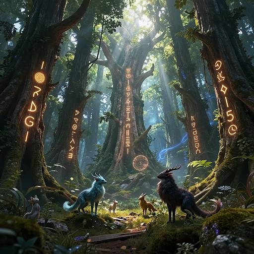 Fantasy forest illustration: Sunbeams filter through towering trees, illuminating blue and brown mythical creatures with glowing runes on trunks. Magical, eth