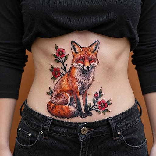 Sitting Fox Tattoo with Red Flowers