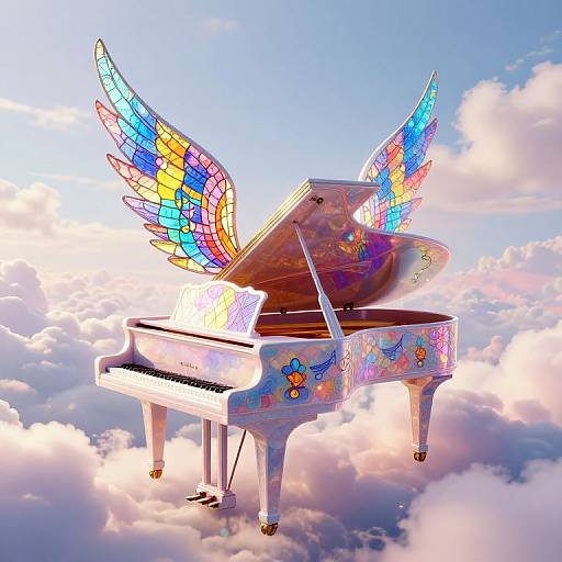 Digital artwork of a vibrant, angelic grand piano with multicolored, stained-glass wings floating among fluffy clouds against a bright blue sky.