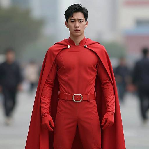 Photograph of an Asian male superhero with short black hair, wearing a red full-body suit, cape, gloves, and belt, standing confidently in a