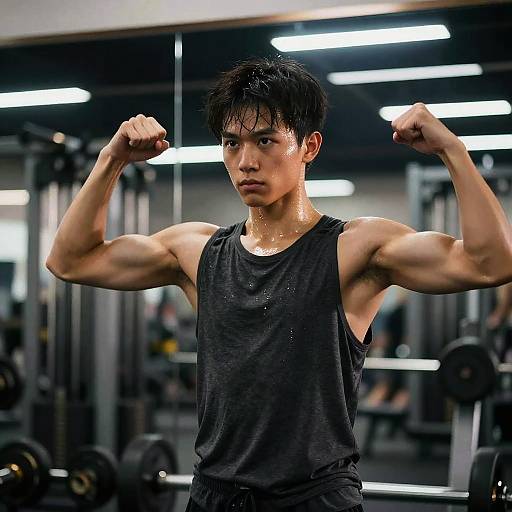 Teen Athlete Flexing in Gym Mirror
