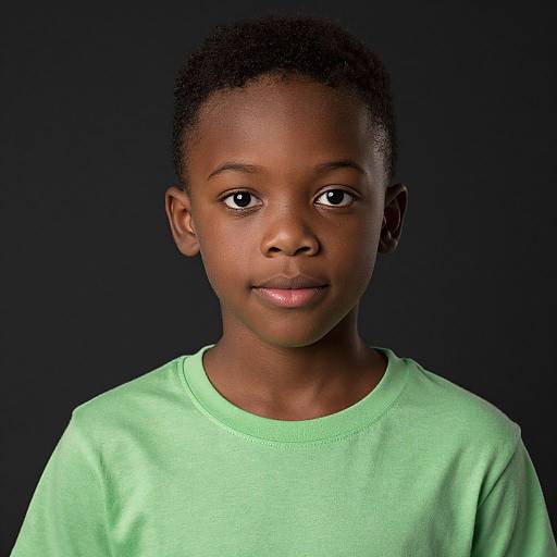 Photograph of a young African-American boy with short curly hair, wearing a green shirt, against a dark background, looking directly at the camera with a