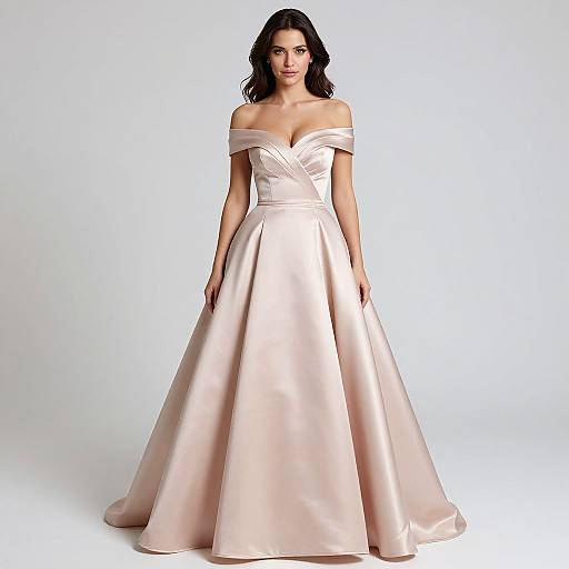Photograph of a brunette woman in an off-the-shoulder, blush pink satin ball gown with a V-neckline and full skirt, standing against