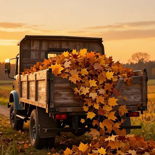 Photograph of a wooden truck bed overflowing with autumn leaves, parked on a country road at sunset, with a vibrant orange and yellow sky in the background