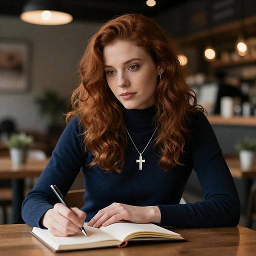 Auburn-Haired Woman Writing in Café