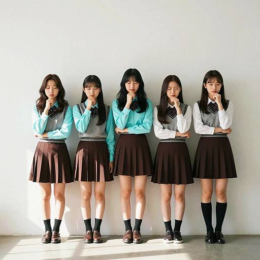 Photograph of five Asian schoolgirls in turquoise blouses, grey vests, black skirts, and socks, standing against a white wall, each with one