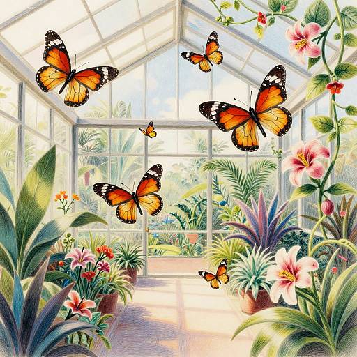 Radiant Greenhouse with Playful Butterflies